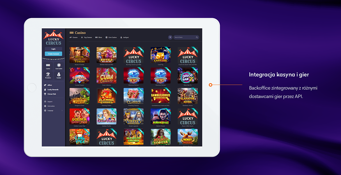 Interfejs pokazujący gry i kasyna w aplikacji Hurricane